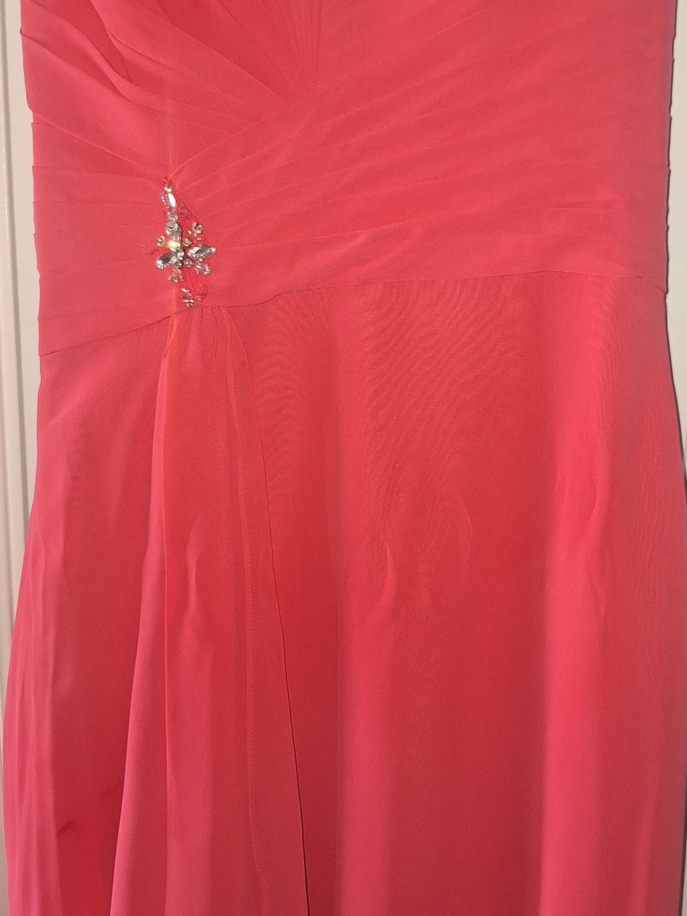 Jordan Coral-Pink Strapless Gown with Rhinestone Accent